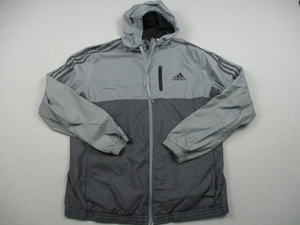 Adidas Track Jacket Men Large Gray Two Tone Full Zip 3 Stripes Hood Pockets L